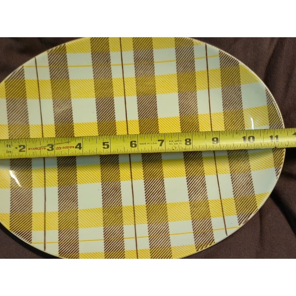 Homer Laughlin Dura-Print Oval Yellow Brown Plaid Platter